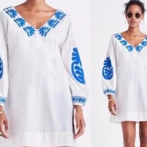 Madewell Blue & White Embroidered Blance Peasant Sleeve Sundress, size S
